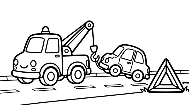 Tow truck towing a car on road with warning triangle coloring page for children