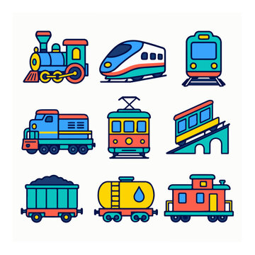 A set of colorful flat vector icons depicts various types of trains and railway carriages.
