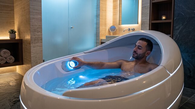 Man relaxing in a modern sensory deprivation pod with blue light