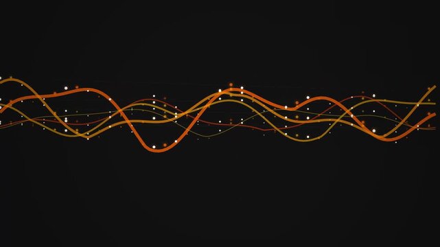Abstract golden wave lines with glowing nodes on dark background representing digital audio signal or technology data stream