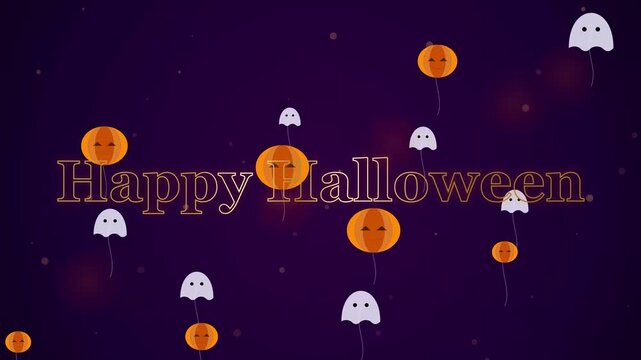 Festive Happy Halloween text design with flying ghost and pumpkin balloons against a dark purple background