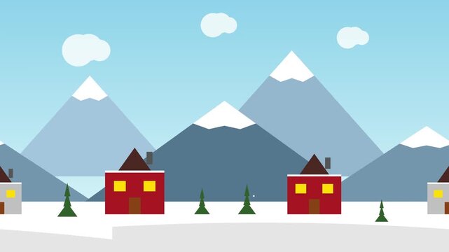 Flat design winter landscape vector background with snowy mountains and cute houses