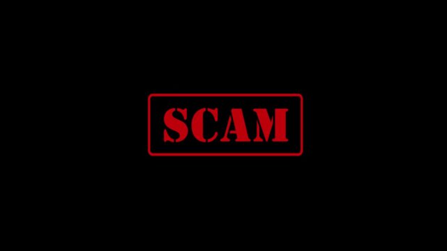 Red "SCAM" text animation on a black background, 4K video.