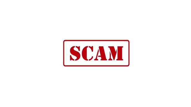 Stamp animation with the text "SCAM" on a white background.