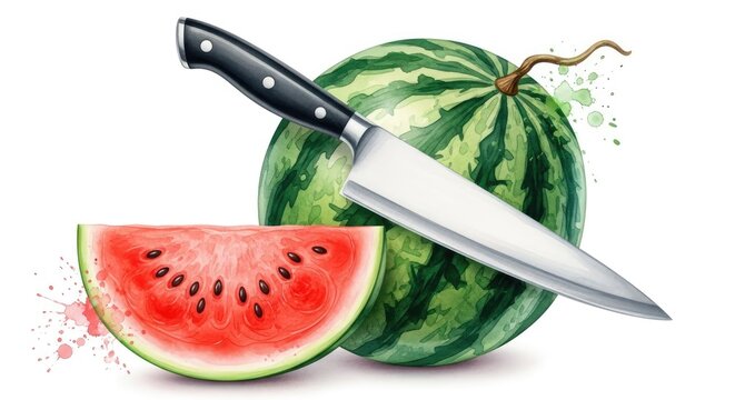 Watercolor painting of a whole watermelon with a slice and chef knife on white background