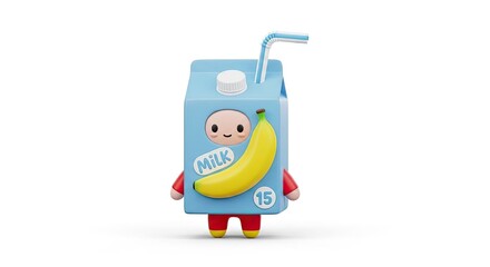 Fototapeta premium 3D mascot of a banana milk carton character standing on a white background for food design