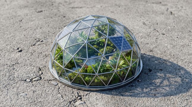 Geodesic Glass Dome with Plants and Solar Panel on Cracked Ground, Sustainability Concept