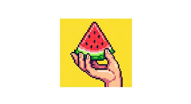 Hand holding a slice of red watermelon against a yellow background in pixel art style