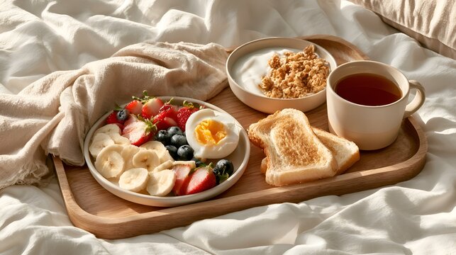 Healthy breakfast tray with fresh fruits, yogurt, granola, boiled egg, and tea served on a wooden tray in bed