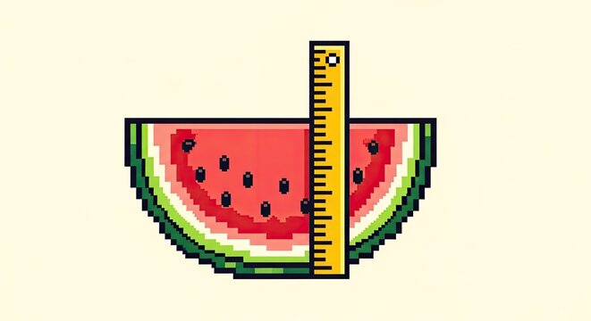 Pixel art illustration of a sliced watermelon measured by a yellow ruler for size concept.