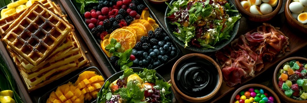 Delicious buffet spread with waffles, fresh berries, fruit salad, prosciutto, and colorful candy assortment