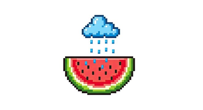 Pixel art illustration of a rain cloud pouring water onto a watermelon slice on white background.