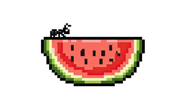 Pixel art illustration of a tiny black ant crawling on a slice of red watermelon