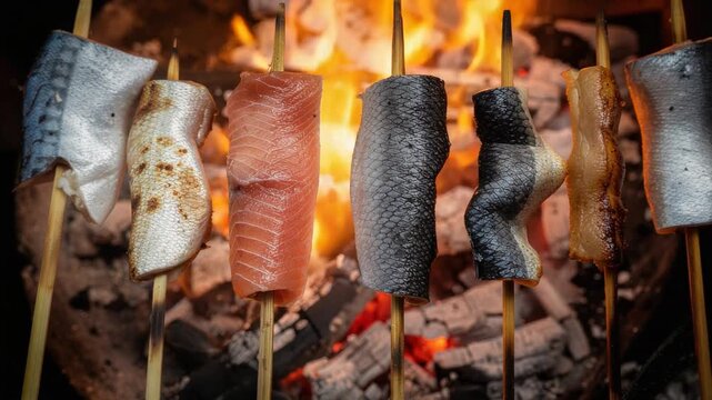 囲炉裏に立てた串の魚が大きな炎と赤熱した炭でじっくり焼かれる