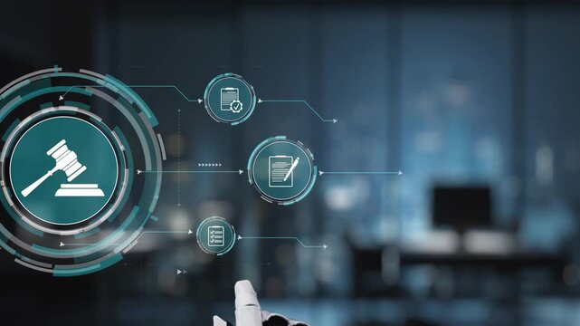 A robotic hand interacts with holographic legal icons in a modern office, showcasing the intersection of technology and law in a digital age. Explore innovation Synapse