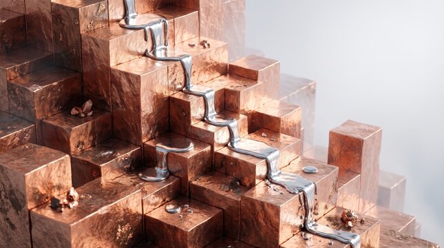 Liquid silver flowing down copper block stairs, isolated on white background