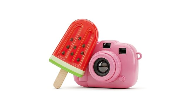 Pink camera and watermelon ice cream on white background for summer travel photography