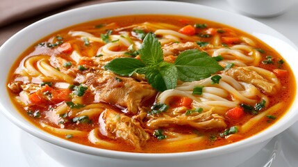 Fototapeta premium A comforting bowl of spicy noodle soup with chicken and fresh mint