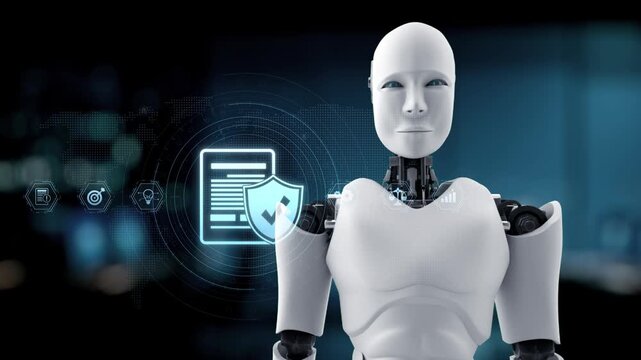 A humanoid robot smiles while presenting a document icon, illustrating concepts of cybersecurity and automation in a modern digital workspace environment. Synapse