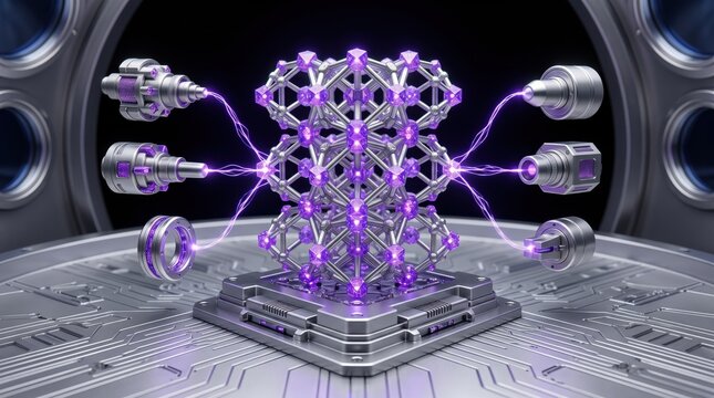 Futuristic Quantum Computer Core with Purple Energy Lattice in High-Tech Lab