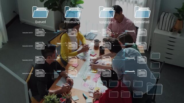 A diverse team collaborates in a modern office space, utilizing technology and notes to track project progress through various stages of completion and validation. Raster