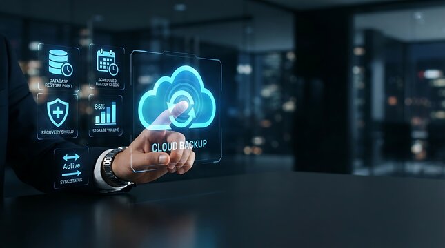 Business professional hands interacting with holographic cloud backup and data recovery interface for enterprise storage management and digital business continuity solutions.