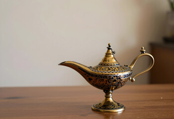 Fototapeta premium Ornate golden aladdin lamp with intricate blue and gold patterns on a wooden surface, magic and wish