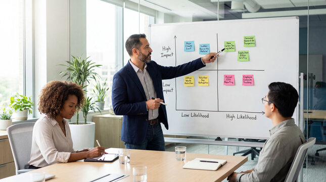 Diverse business team analyzing an ESG risk matrix, discussing sustainability, climate impact, carbon legislation and risk likelihood in a corporate meeting