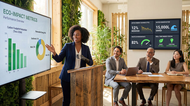 Diverse business team presenting sustainability metrics with carbon reduction, renewable energy, water conservation and energy efficiency dashboards in a modern corporate office