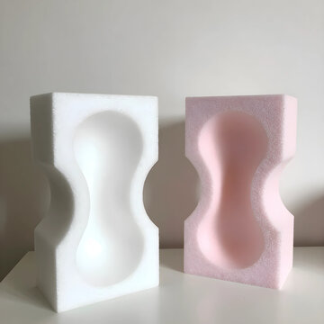 White and pink foam packaging inserts with hourglass shapes, protective cushioning for fragile items, product safety and shipping solutions