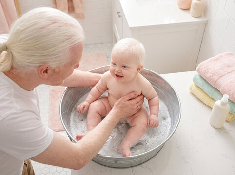 Baby bath time hygiene with father