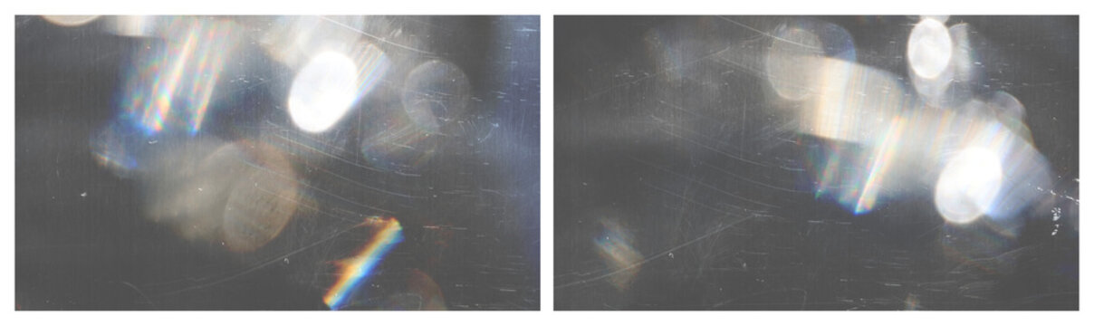 Vibrant rainbow light leak PNG overlay set with soft optical lens flares and spectral glow isolated on transparent background