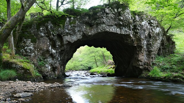 Natural rock arch over a calm river in a lush green forest.