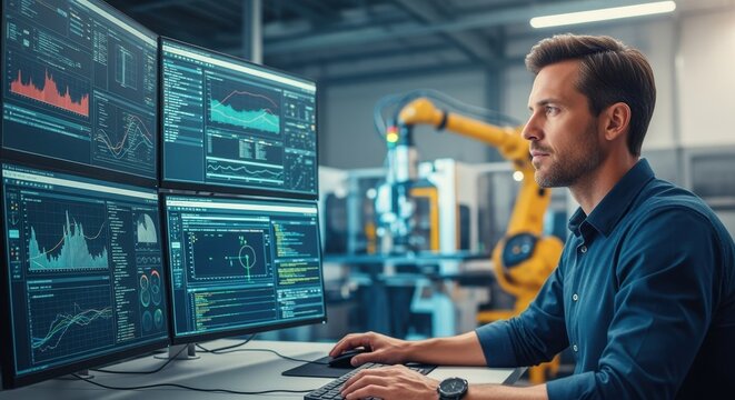 Engineer analyzing system data on multiple screens overseeing factory automation processes.