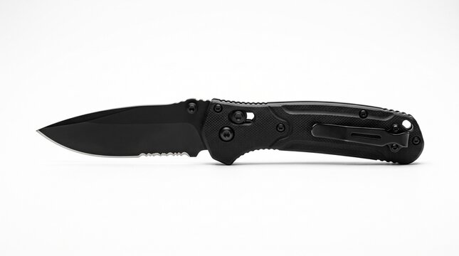 Black Tactical Folding Knife with Serrated Blade for Outdoor Survival and EDC Utility Isolated on a Clean White Studio Background