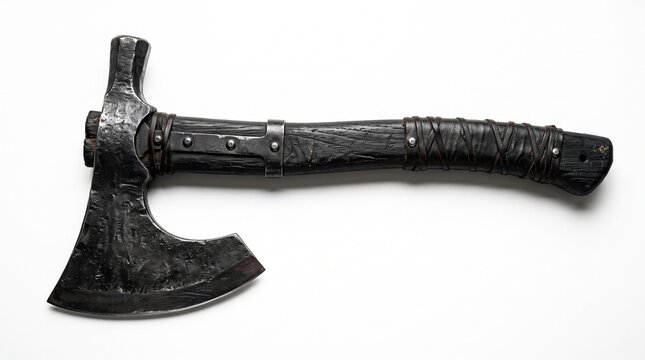 Handcrafted Rustic Metal Tactical Battle Axe Featuring A Weathered Iron Blade And A Sturdy Wrapped Wooden Handle On A Clean White Background