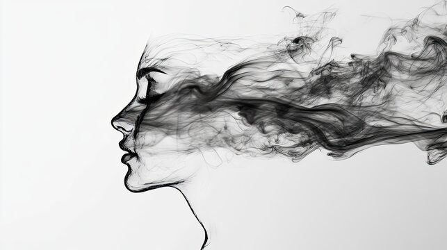 Abstract portrait of a woman's face dissolving into smoke.