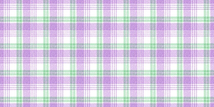 Seamless lavender and mint green plaid tartan texture with a cozy, hand-drawn colored pencil look. A classic pastel gingham pattern background.