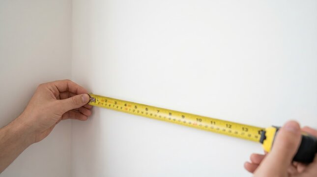 Human hands measure wall corner with yellow tape measure