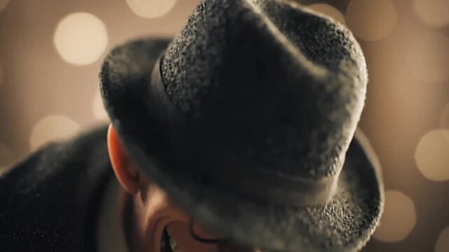 Stylized 3D character of man laughing in formal hat.
