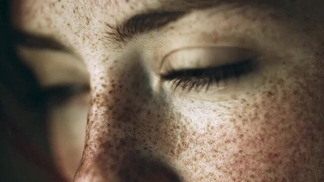 Close-up of human eye and freckled skin texture.