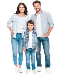 Fototapeta premium Happy young family standing together and smiling cheerfully on white background