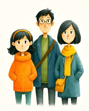Three happy friends or family members standing together in warm winter coats, smiling cheerfully