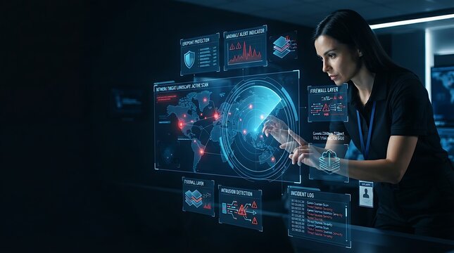 Security analyst interacting with holographic threat detection radar interface for enterprise network security monitoring and real-time cyber attack prevention solutions.