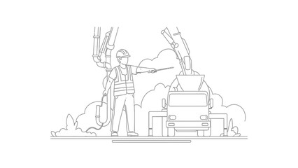 Naklejka premium Construction Worker and Concrete Pump Truck Line Art Illustration