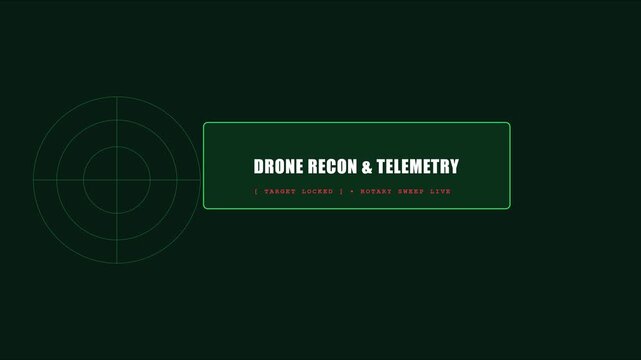 Drone recon and telemetry hud overlay with rotary radar sweep and target locked interface for military surveillance and tech motion animation 4k