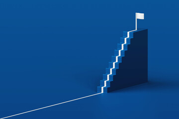 Fototapeta premium 3D white pathway climbing up blue staircase steps towards target flag on top in isometric view. Minimalist career progression concept suited, leadership achievement, or goal milestone illustration