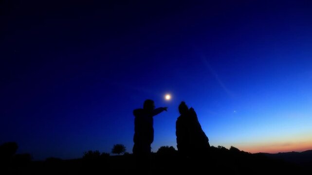 Amateur astronomers enjoying night sky with stars, planets, Moon eclipse and other celestial objects.