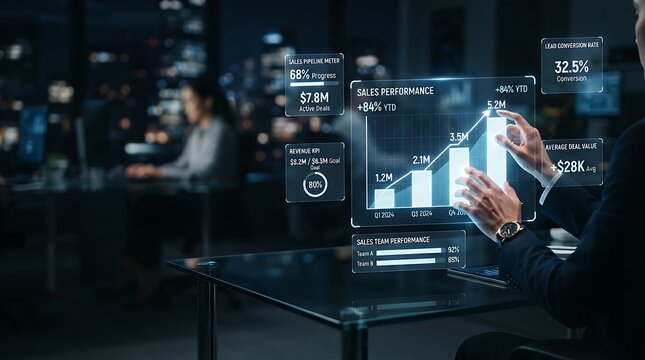 Sales executive interacting with holographic revenue analytics dashboard interface for enterprise sales performance monitoring and business financial growth management solutions.