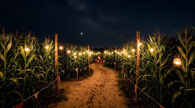 Corn maze with lights at night in a rural area filled with tall corn plants and people enjoying the activity